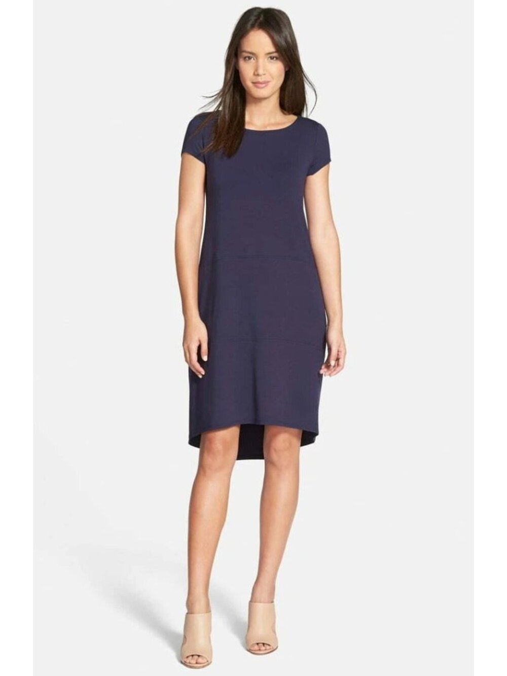 Eileen Fisher Navy Blue Bateau Neck Cap Sleeve Viscose Jersey Shift Dress Small